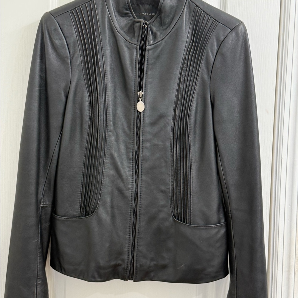Tahari Black Leather Zip-Front Jacket with Pintuck Detail